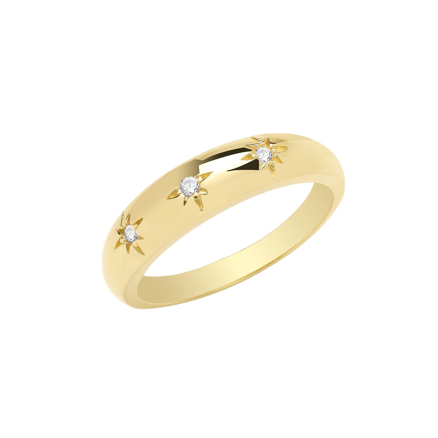 Genuine 9ct Yellow Gold 3 CZ Star Dome Ring J-Q Sizes