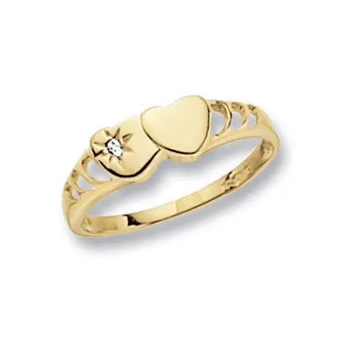 Genuine 9ct Yellow Gold Maidens Double Heart Signet CZ Ring limanilondon