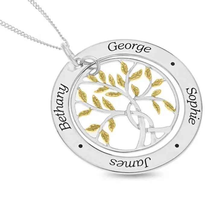 Sterling Silver Personalized 4 Names Family Tree Pendant Gold Plated Leaf Design