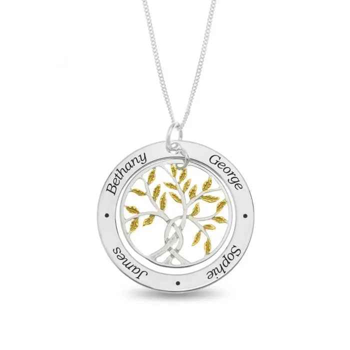 Sterling Silver Personalized 4 Names Family Tree Pendant Gold Plated Leaf Design