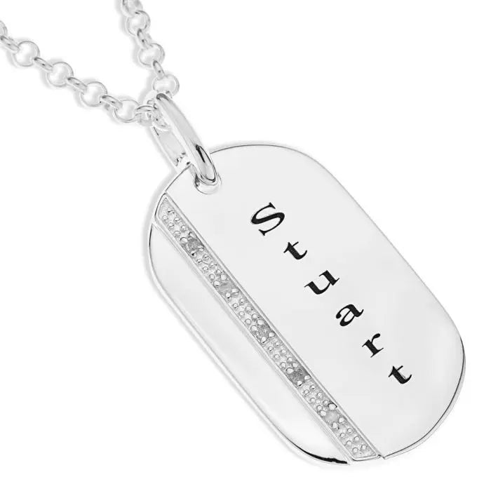 Sterling Silver Personalized Diamond Set Dog Tag Pendant On 20" Belcher Chain limanilondon