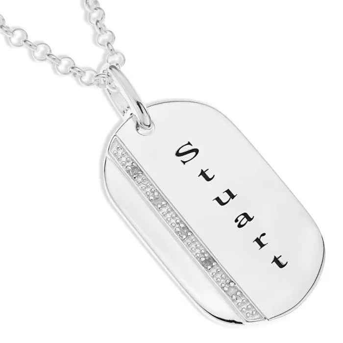 Sterling Silver Personalized Diamond Set Dog Tag Pendant On 20" Belcher Chain