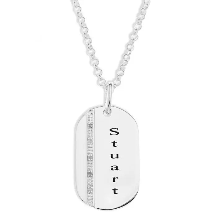 Sterling Silver Personalized Diamond Set Dog Tag Pendant On 20" Belcher Chain limanilondon