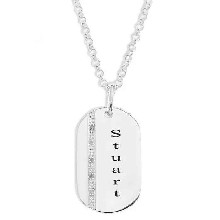 Sterling Silver Personalized Diamond Set Dog Tag Pendant On 20" Belcher Chain
