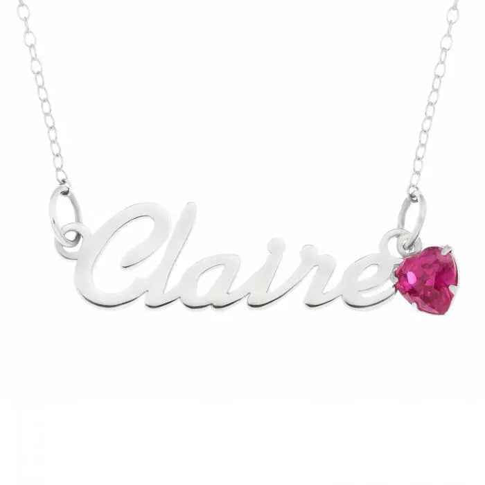 Sterling Silver Name Necklace With Birthstone Heart Charm on 16" Trace Chain
