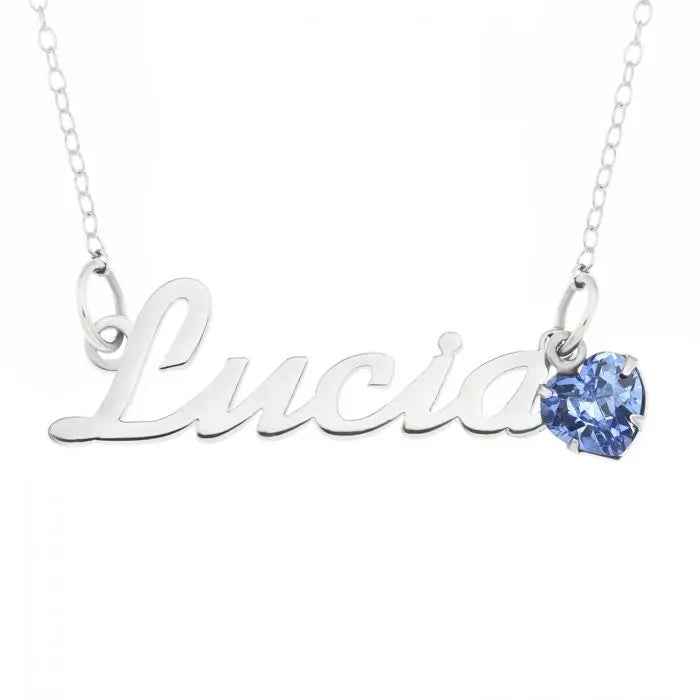 Sterling Silver Name Necklace With Birthstone Heart Charm on 16" Trace Chain