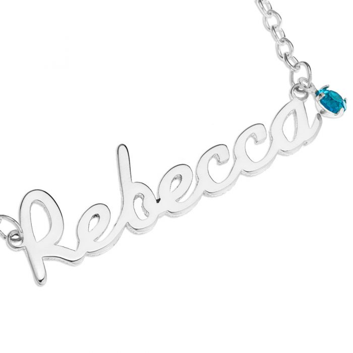 Sterling Silver Personalize Name Plate Necklace Round BirthStone Necklace 16" Trace Chain