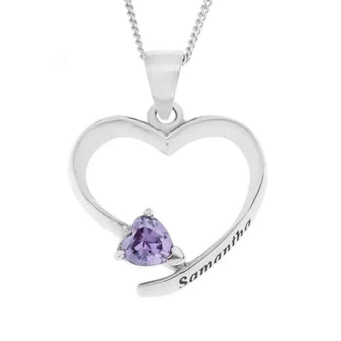 Sterling Silver Personalized Open Heart CZ Birth Stone Pendant On 18" Curb Chain
