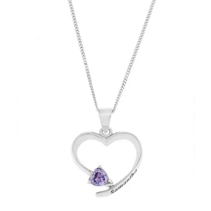 Sterling Silver Personalized Open Heart CZ Birth Stone Pendant On 18" Curb Chain
