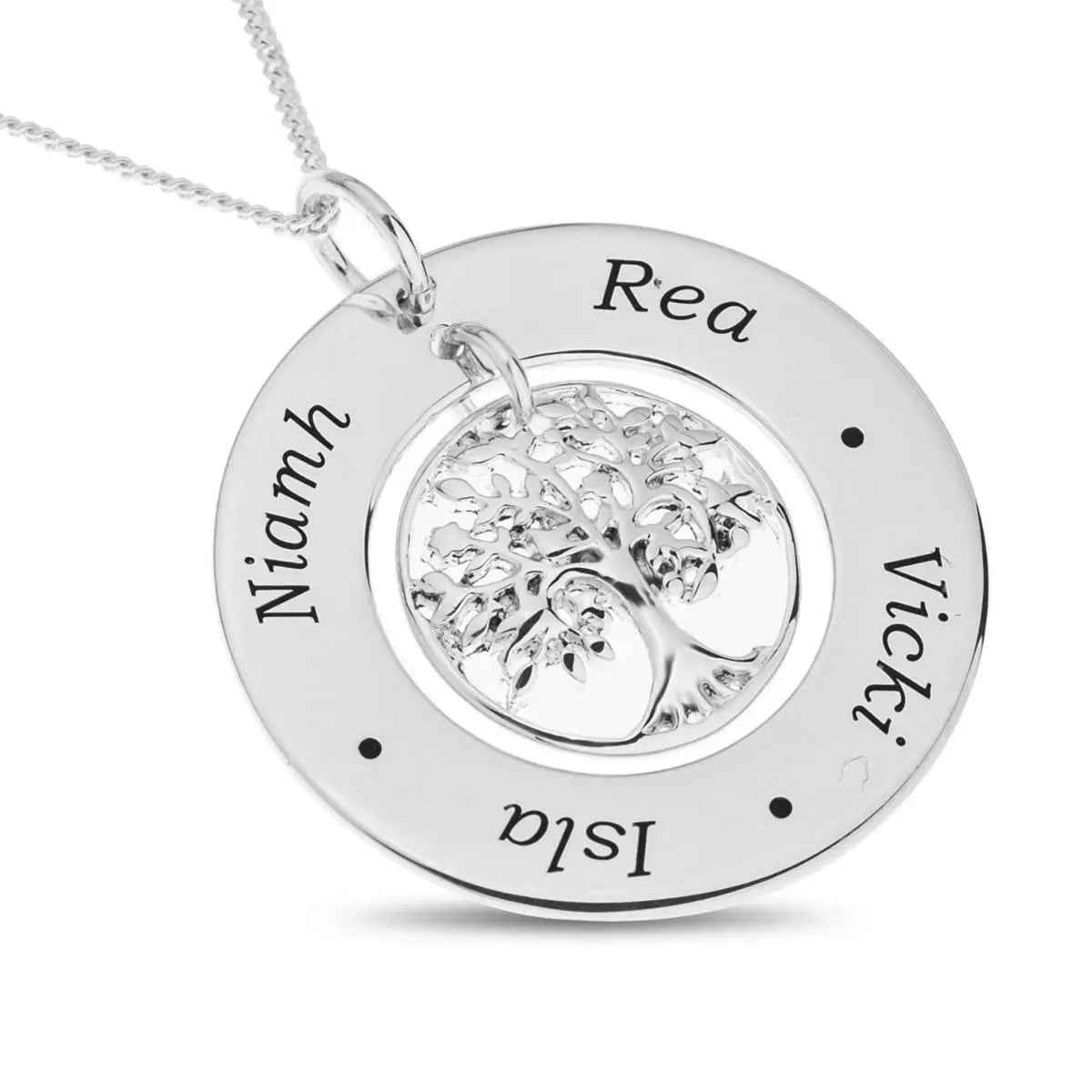 Sterling Silver Family Tree Pendant on 18" Chain Personalised With 4 Names
