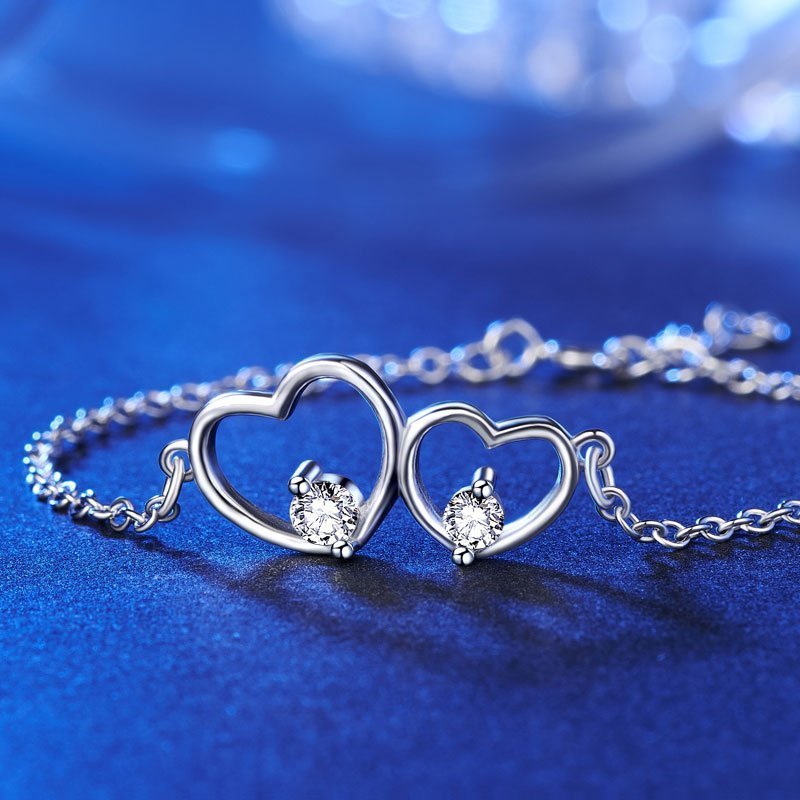 Solid Sterling Silver Bracelet Double Heart Bridesmaid Wedding Gift