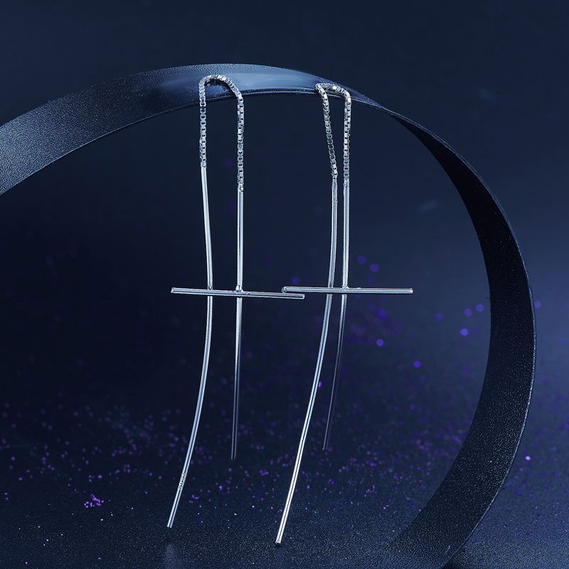 Dangle Drop Cross 925 Sterling Silver Earrings Long Elegant