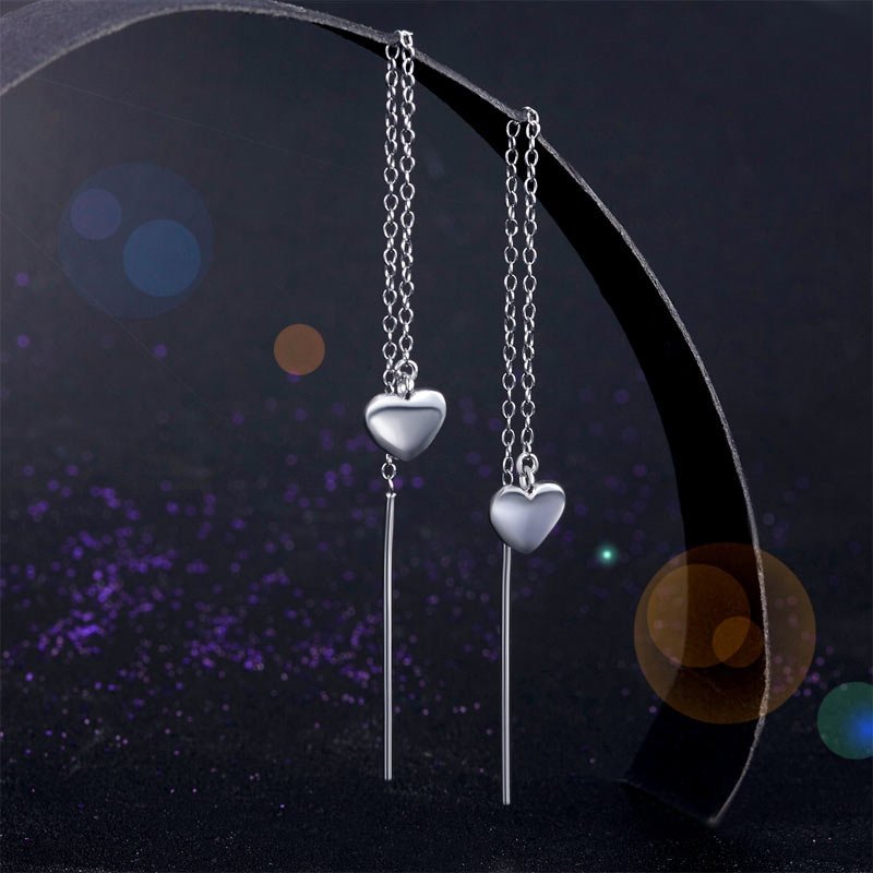 Dangle Drop Heart 925 Sterling Silver Earrings One line Long Elegant