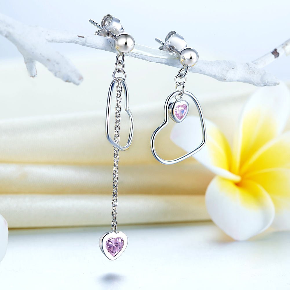 925 Sterling Silver Dangle Drop Pink Heart Earrings