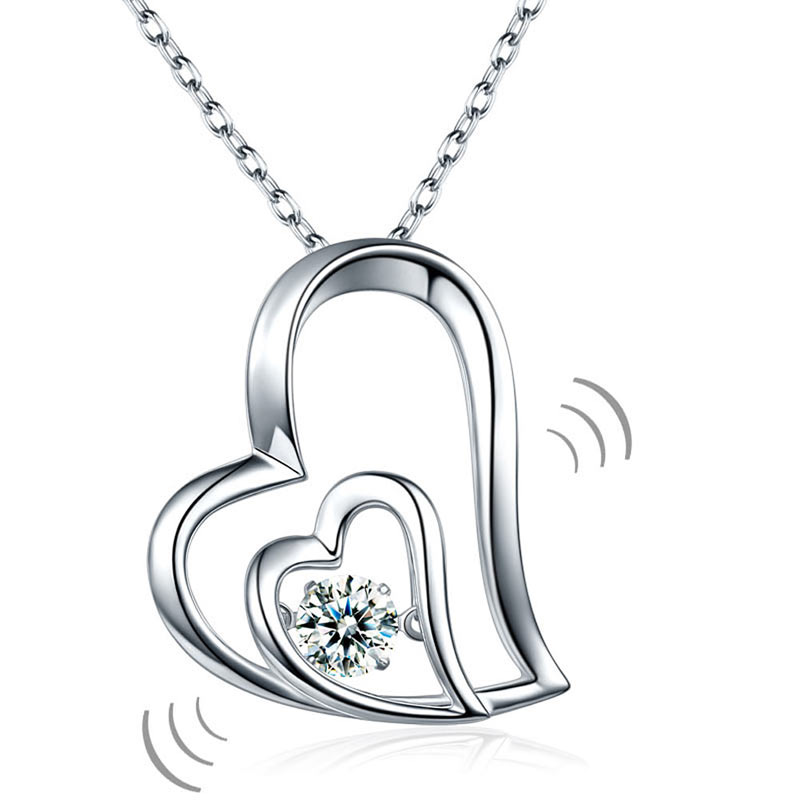 Dancing Stone Double Heart Pendant Necklace 925 Sterling Silver