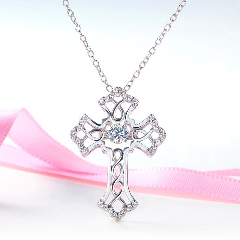 Vintage Style Cross Dancing Stone Pendant Necklace 925 Sterling Silver
