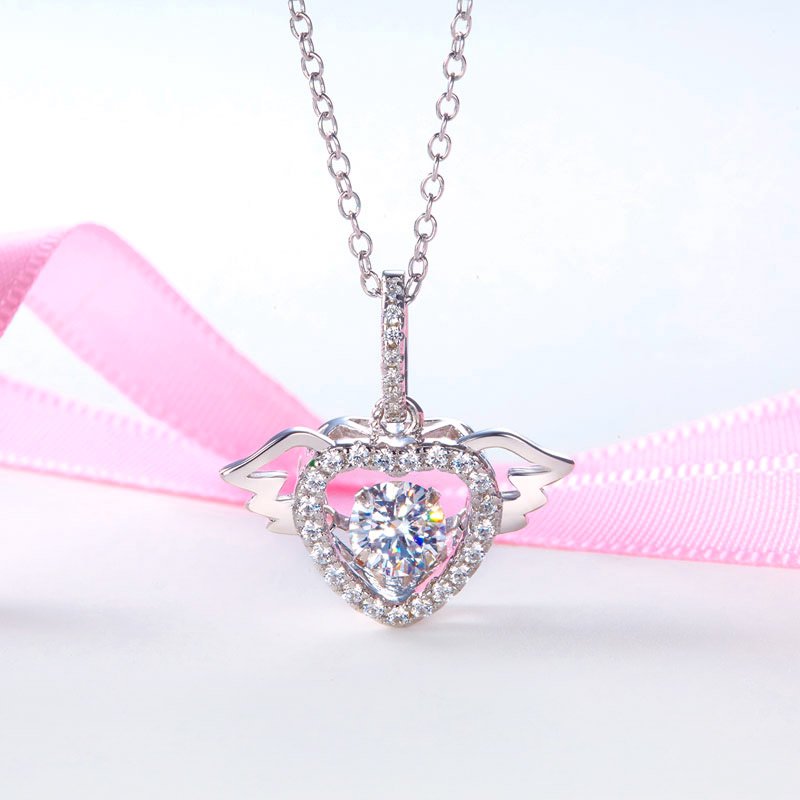 Heart Angel Wing Dancing Stone Pendant Necklace 925 Sterling Silver