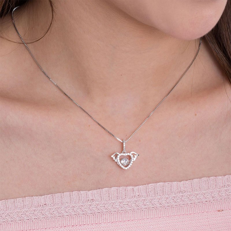 Heart Angel Wing Dancing Stone Pendant Necklace 925 Sterling Silver