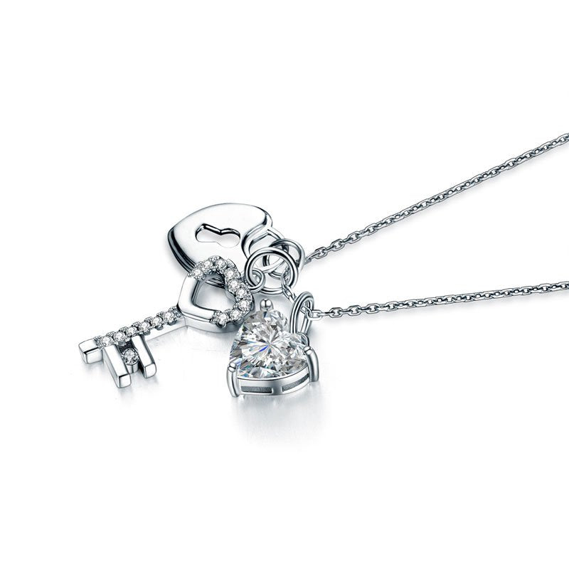 Love Heart Lock Key 925 Sterling Silver Pendant Necklace 1.5 Carat Created Diamond