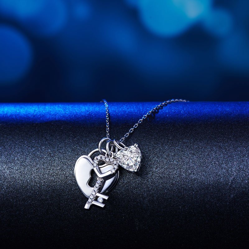 Love Heart Lock Key 925 Sterling Silver Pendant Necklace 1.5 Carat Created Diamond
