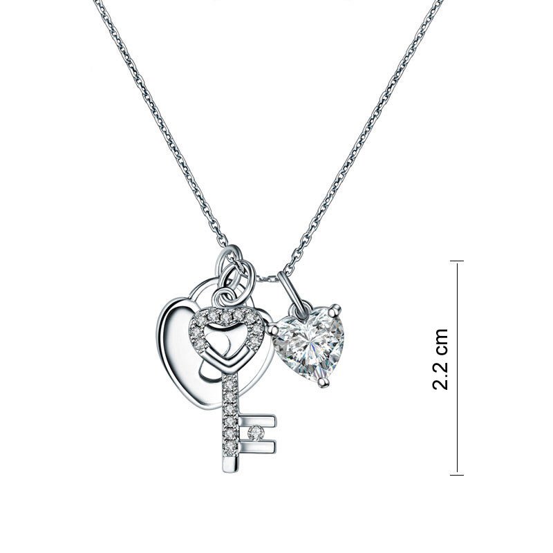 Love Heart Lock Key 925 Sterling Silver Pendant Necklace 1.5 Carat Created Diamond