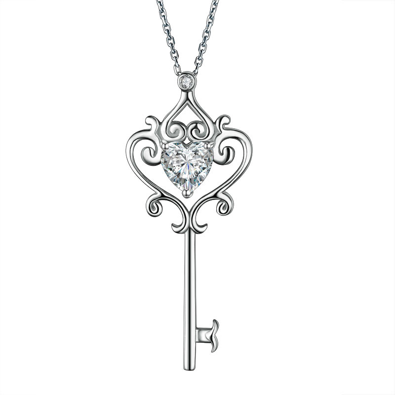Love Heart Key Pendant Necklace Vintage Style 1.5 Carat Created Diamond