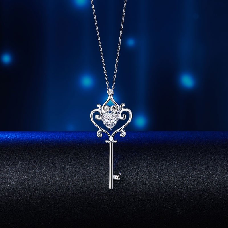 Love Heart Key Pendant Necklace Vintage Style 1.5 Carat Created Diamond