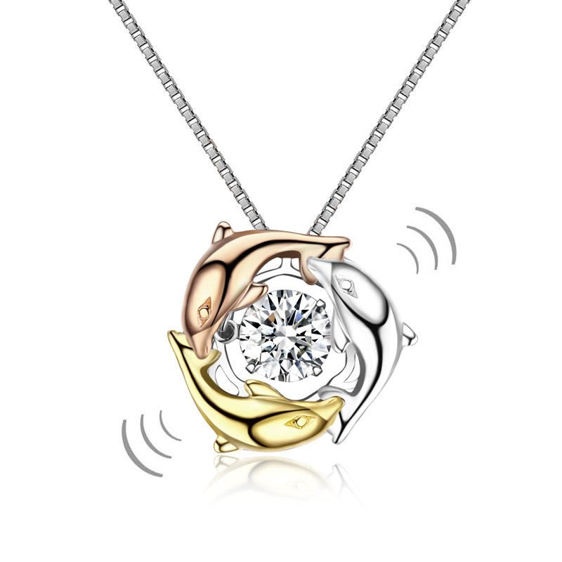 Dolphins Dancing Stone Pendant Necklace 925 Sterling Silver