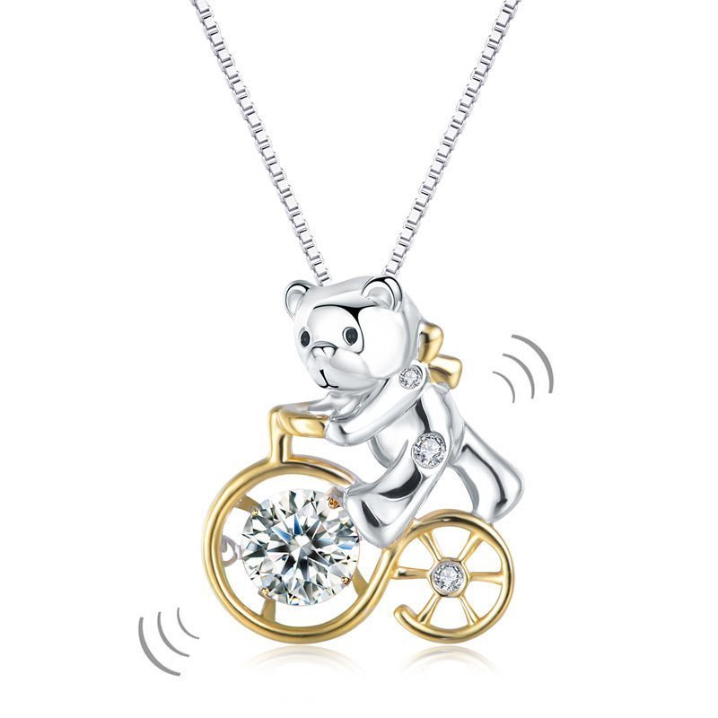 Bear Ride Bicycle Dancing Stone Pendant Necklace 925 Sterling