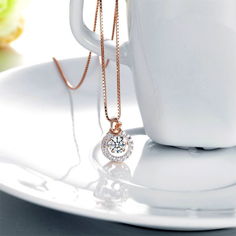 Dancing Stone Pendant Necklace Solid 925 Sterling Silver Heart Rose Gold Plated