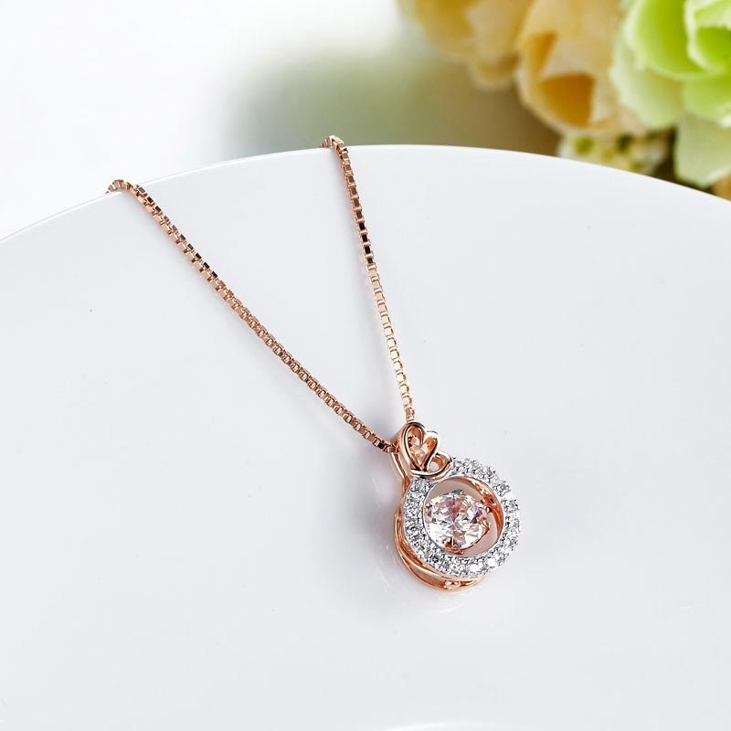 Dancing Stone Pendant Necklace Solid 925 Sterling Silver Heart Rose Gold Plated
