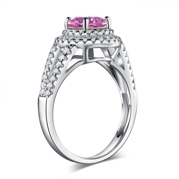 Double Halo 925 Sterling Silver Wedding Engagement Ring 1.25 Ct Fancy Pink Created Diamond Promise Anniversary
