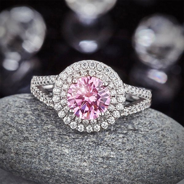 Double Halo 925 Sterling Silver Wedding Engagement Ring 1.25 Ct Fancy Pink Created Diamond Promise Anniversary
