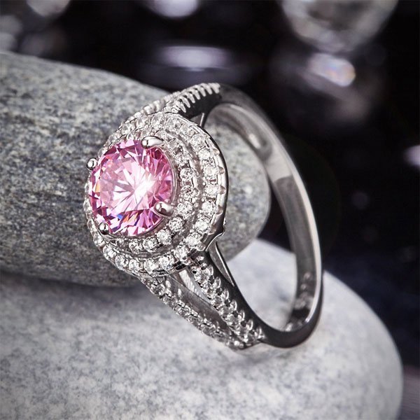 Double Halo 925 Sterling Silver Wedding Engagement Ring 1.25 Ct Fancy Pink Created Diamond Promise Anniversary