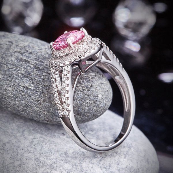 Double Halo 925 Sterling Silver Wedding Engagement Ring 1.25 Ct Fancy Pink Created Diamond Promise Anniversary