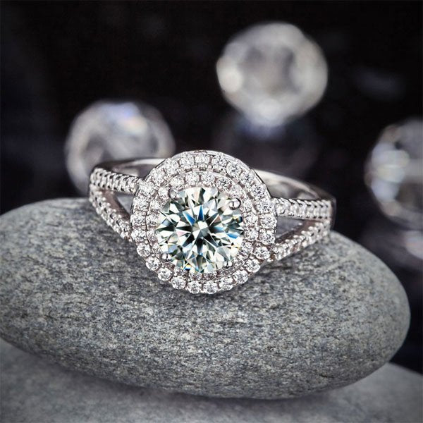 Double Halo 925 Sterling Silver Wedding Engagement Ring 1.25 Ct Created Diamond Promise Anniversary