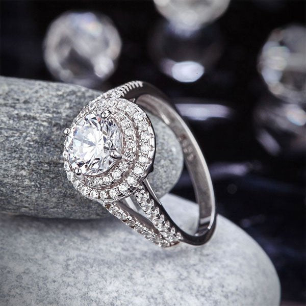 Double Halo 925 Sterling Silver Wedding Engagement Ring 1.25 Ct Created Diamond Promise Anniversary