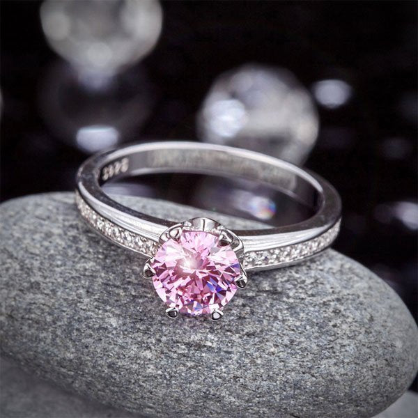 1.25 Ct Fancy Pink Created Diamond Ring 6 Claws 925 Sterling Silver Wedding Promise Anniversary Ring 