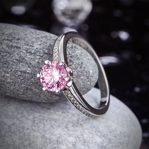 1.25 Ct Fancy Pink Created Diamond Ring 6 Claws 925 Sterling Silver Wedding Promise Anniversary Ring 