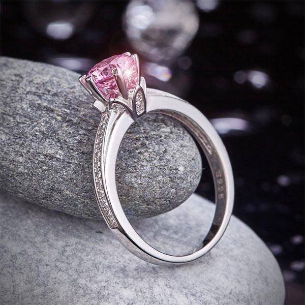 1.25 Ct Fancy Pink Created Diamond Ring 6 Claws 925 Sterling Silver Wedding Promise Anniversary Ring 