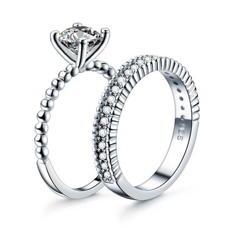 Solid 925 Sterling Silver 2 Pcs Wedding Engagement Ring Set 1 Ct Created Diamante