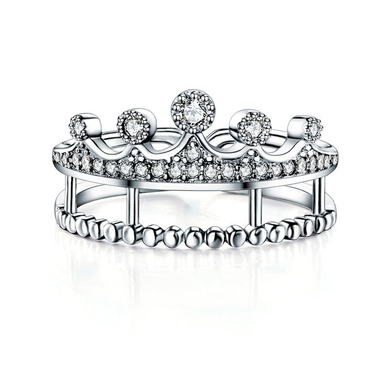 Solid 925 Sterling Silver Crown Shape Ring Lab Created Diamond