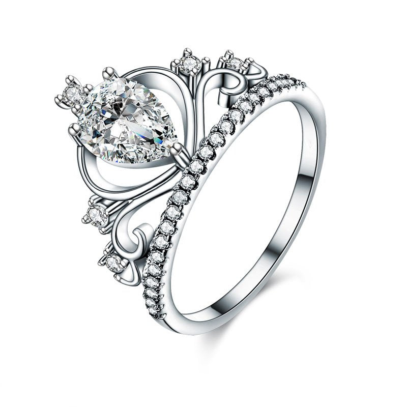 Solid 925 Sterling Silver Crown Ring 1 Carat Pear Cut for Lady