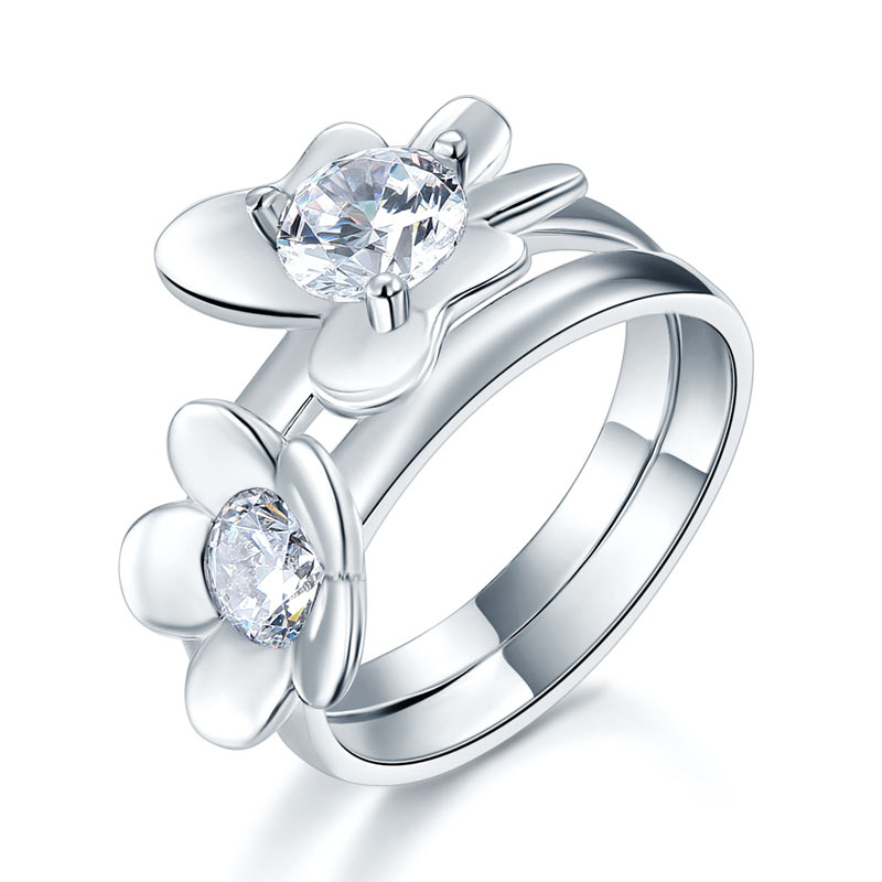 Solid 925 Sterling Silver 2 Pcs Butterfly Flower Ring Set Lady Jewellery