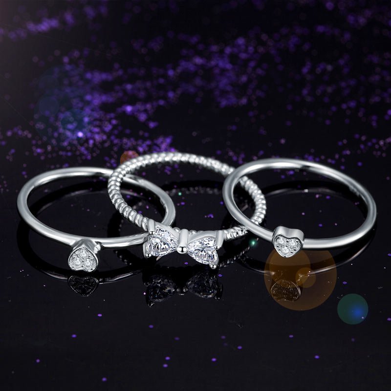 Solid 925 Sterling Silver Ring Set 3 Pcs Heart Love Jewellery New Design