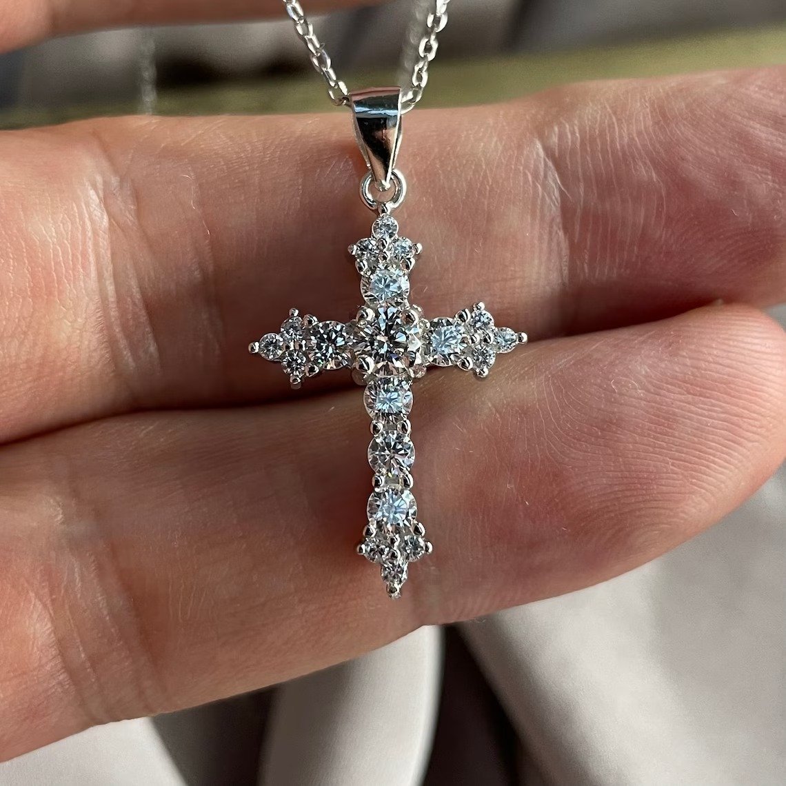 Round Cut Created Diamond 925 Sterling Silver Cross Pendant Necklace