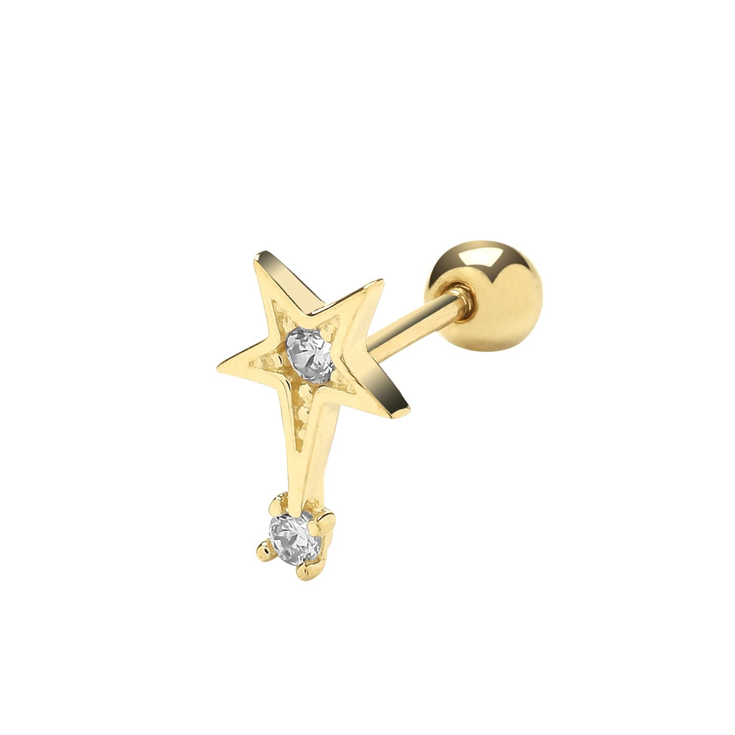 Genuine 9CT Yellow Gold Double CZ Shooting Star Cartilage 6mm Post Stud