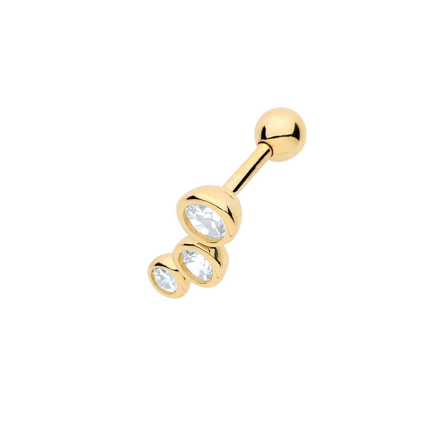 Genuine 9CT Yellow Gold CZ 3 Stones Right Cartilage 6mm Post Stud