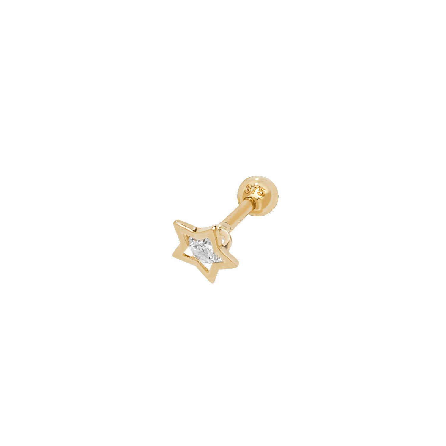 Genuine 9CT Yellow Gold CZ Center Stone Star Cartilage 6mm Post Stud