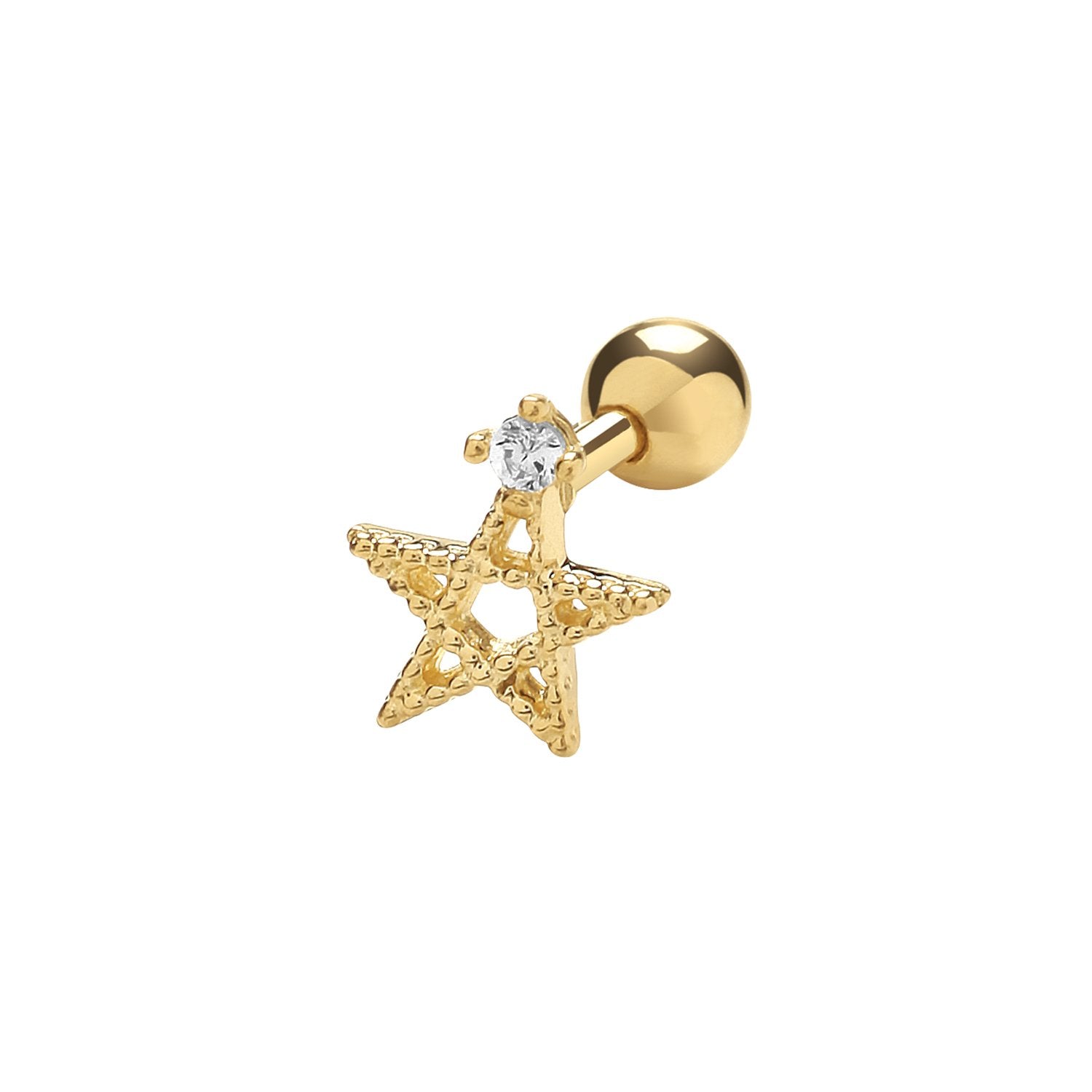 Genuine 9CT Yellow Gold Star with Single CZ Cartilage 6mm Post Stud